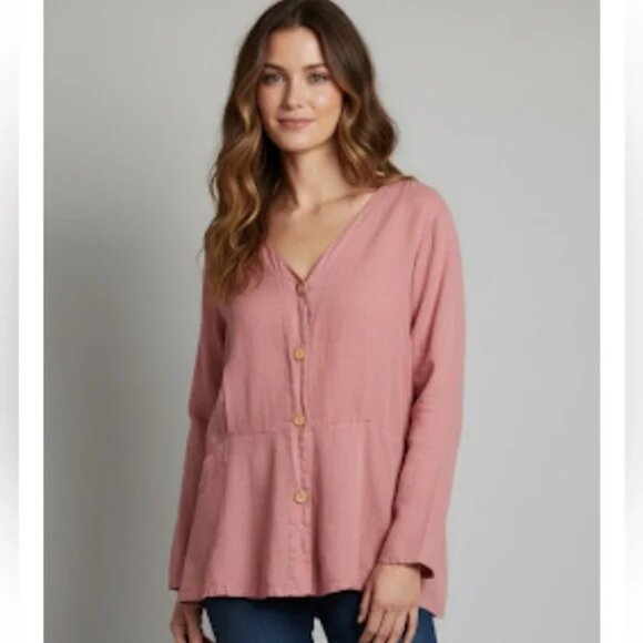 Flax 100% Linen Peplum Button Front Top - Picture 1 of 9